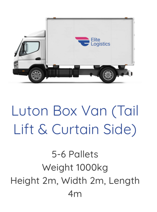Elite Logistics Luton Box van with details of size and weight it can carry for courier purposes.